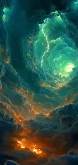 Vibrant celestial sky vortex with colorful clouds and lightning.