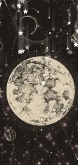 Artistic depiction of celestial bodies in space with planets and stars in black tones.