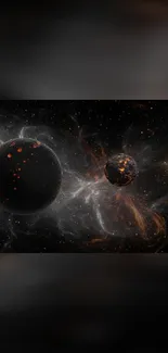 Dark space art wallpaper with planets and cosmic swirls.