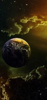 Planet Earth in cosmic space with vibrant celestial background.