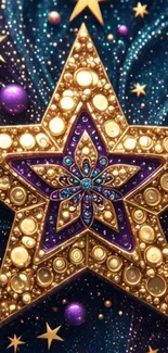 Celestial star fantasy wallpaper with gold and purple accents on a galaxy background.