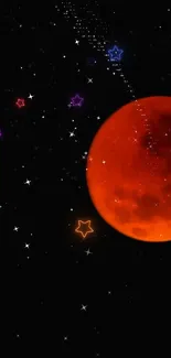 Orange moon and stars on a dark cosmic background.