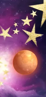 Purple sky with golden stars and a glowing moon wallpaper.