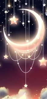 Dreamy celestial wallpaper with stars and crescent moon.