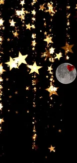 Mobile wallpaper with glowing stars and a moon with a red heart accent.