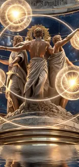 Celestial statues with cosmic orbs against a starry sky.