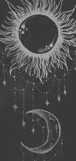 Intricate celestial sun and moon art on a gray background.