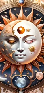 Celestial-themed wallpaper depicting the sun and moon.