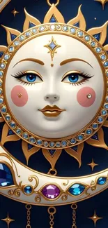 Decorative sun and moon with jewels on a dark blue background.