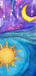 Colorful wallpaper featuring sun and moon with a cosmic design.