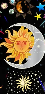 Vibrant sun and moon design on celestial wallpaper with stars and planets.