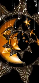 Artistic sun and moon celestial design with dark backdrop.