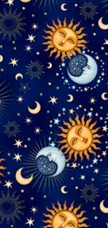 Celestial mobile wallpaper with sun, moon and stars on a navy blue background.