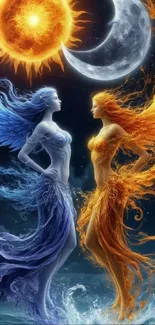 Celestial sun and moon figures in mystical art design