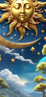 Mobile wallpaper featuring a golden sun and crescent moon with stars in a celestial sky.