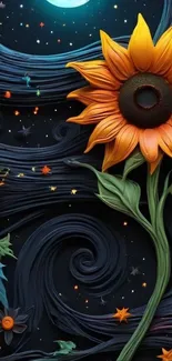 Celestial-themed sunflower night art wallpaper with vibrant colors.