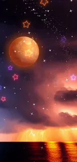 Celestial wallpaper with orange moon, stars, and ocean view.