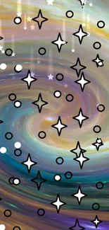 Colorful swirling galaxy with abstract stars and circles.