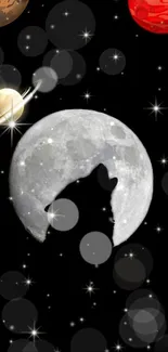 Wolf silhouette with moon and planets on starry night background.