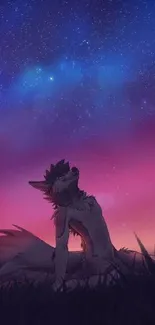 Silhouette of a wolf under a vivid starry night sky with purple and blue hues.