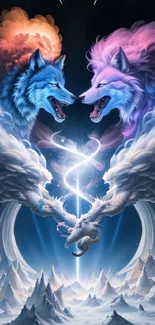 Celestial wolves battle in a cosmic landscape.