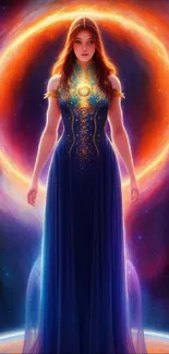 Ethereal woman with fiery halo in cosmic setting.