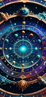 Astrological galaxy art with a zodiac wheel.