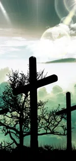 Scenic wallpaper with crosses and celestial sky.