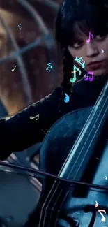 Cellist playing surrounded by vibrant music notes.