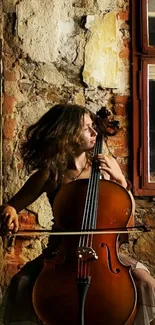 Cellist playing in a rustic setting with textured walls, perfect for mobile wallpaper.