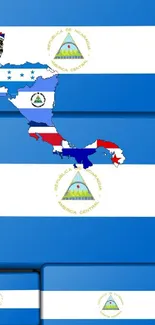 Central American flags wallpaper with blue and white colors, featuring national emblems.