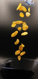 Golden cereal flakes suspended over dark background in artistic mobile wallpaper.