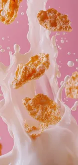 Cereal flakes splashing in milk on pink background.