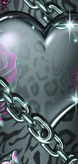Artistic heart with chains and butterflies on mobile wallpaper.