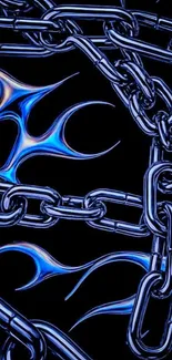 Metallic chains and blue flames wallpaper with dark background.