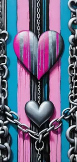 Stylized heart with chains on pink and blue stripes