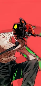 Chainsaw-headed character with red background, vibrant anime style.