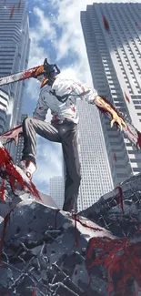 Chainsaw Man stands amid rubble in a cityscape, wielding chainsaws.