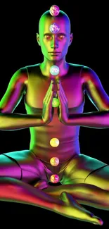 Neon art of meditating figure with aligned chakras.