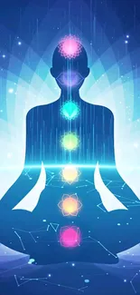 Serene silhouette with chakra colors set on a calming blue meditation background.