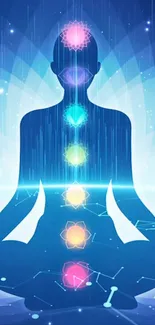 Silhouette with colorful chakras under a starry, dark blue background.