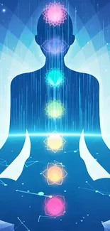 Chakra meditation wallpaper with a mystical blue background.