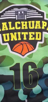 Chalchuapa United camo basketball jersey in teal and black design.