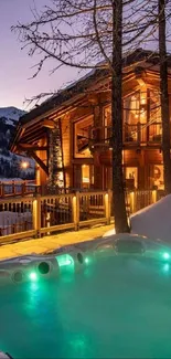 Chalet with Jacuzzi under snowy mountain night sky.