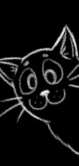 Chalk sketch of a curious cat on a black background for mobile wallpaper.