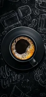 Dark chalkboard wallpaper with a steaming cup of coffee.