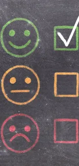 Chalkboard with colored emoji faces and checkboxes for a playful wallpaper.