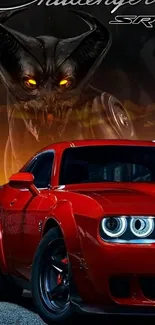 Red Challenger SRT with demon design background.