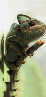 A detailed chameleon perched on a branch, showcasing vibrant colors and patterns.