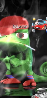 Cartoon chameleon with red cap and smoke effect in a colorful wallpaper.